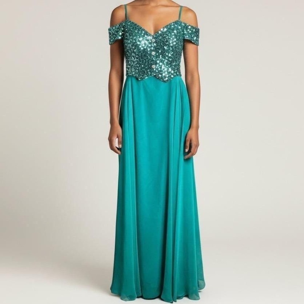 Mike Benet Formals Teal Sequin Off Shoulder Gown Dress Size 16‎ Formal Evening